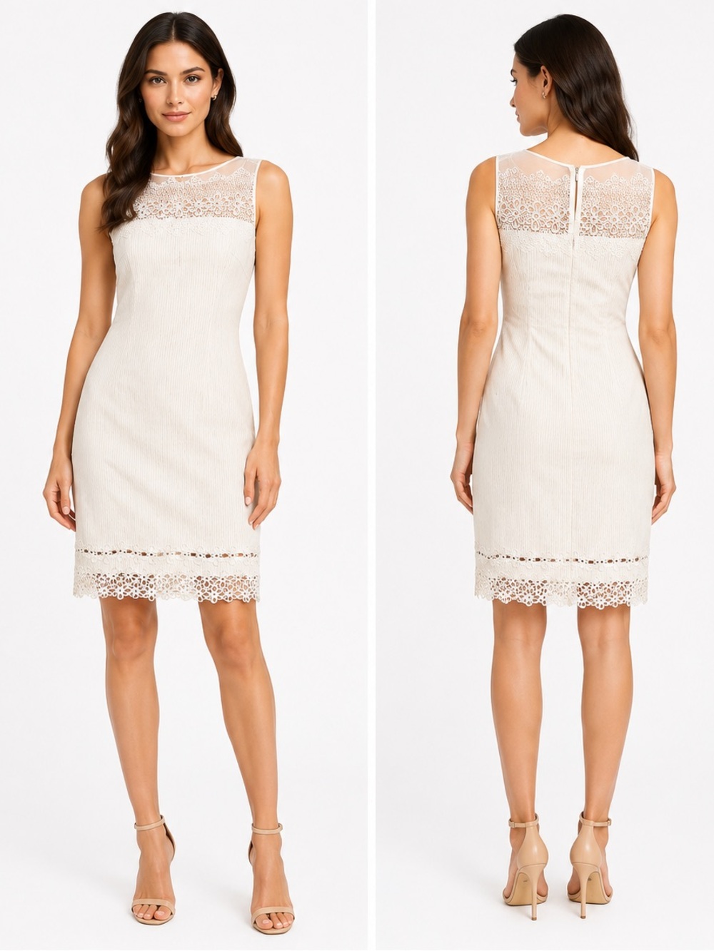 Elie Tahari Cream Lace-Trim Sleeveless Sheath Dress